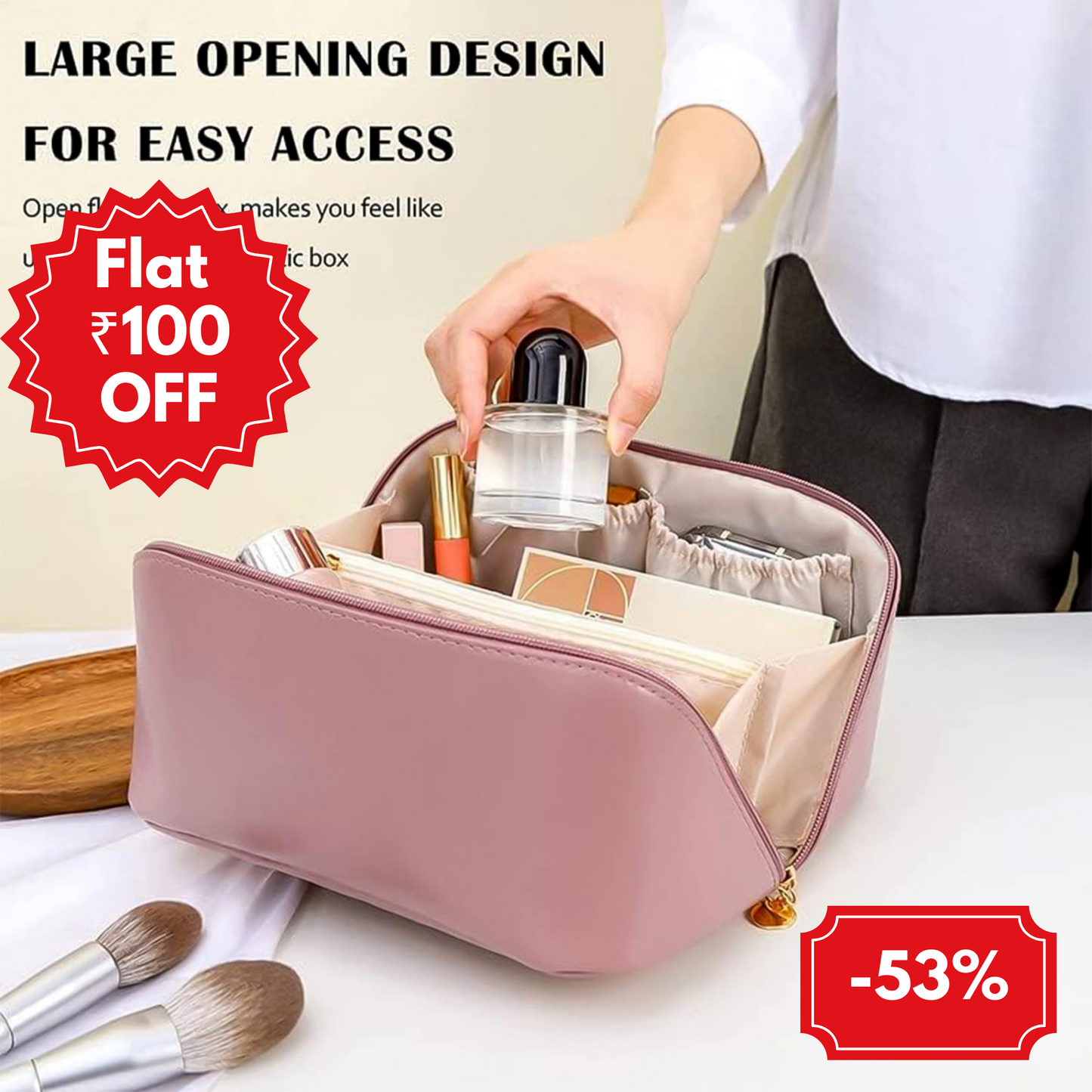 Premium Peach Travel Makeup Toiletry Organizer Pouch With Zipper Handle (1 Pc)