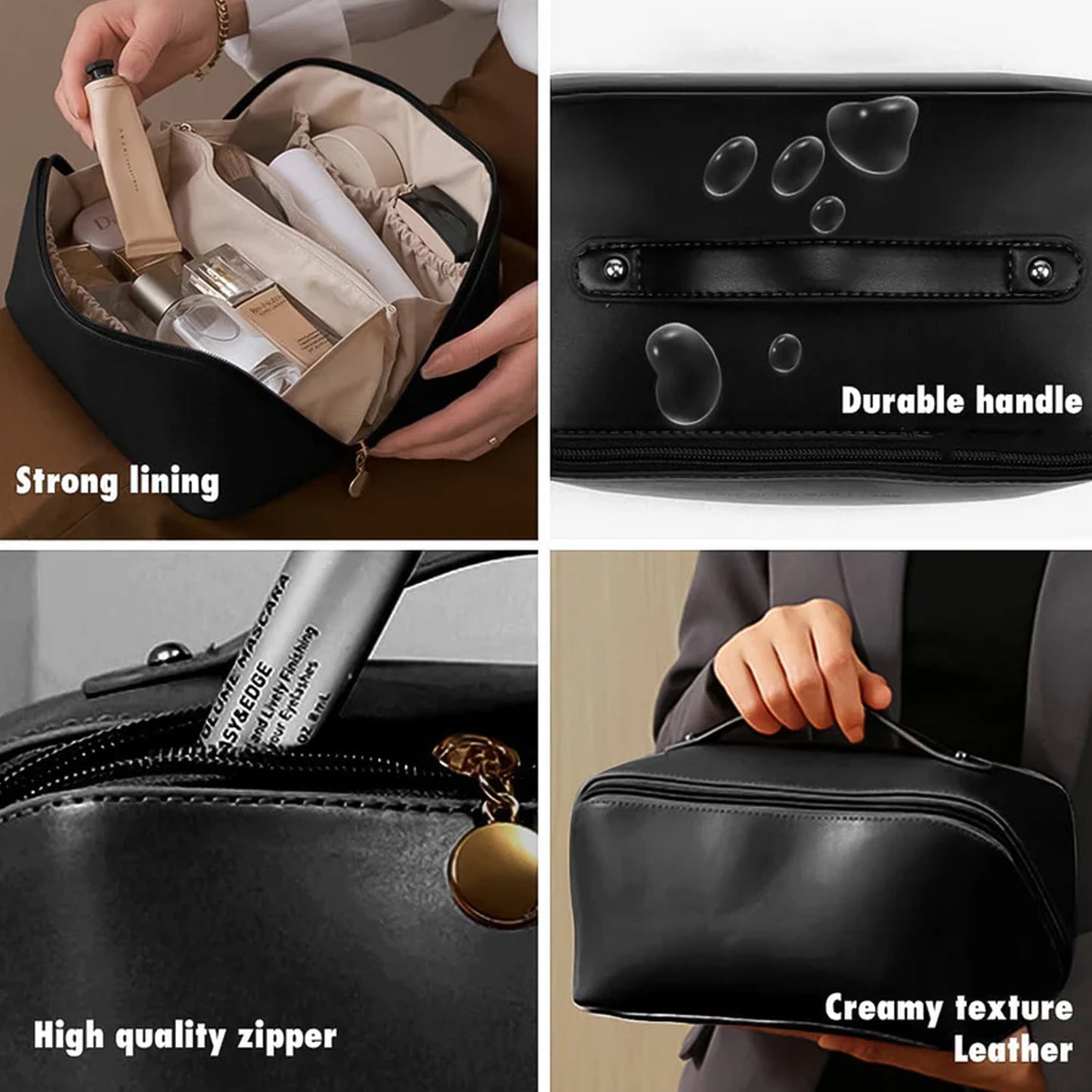 Premium Black Travel Makeup Toiletry Organizer Pouch With Zipper Handle (1 Pc)