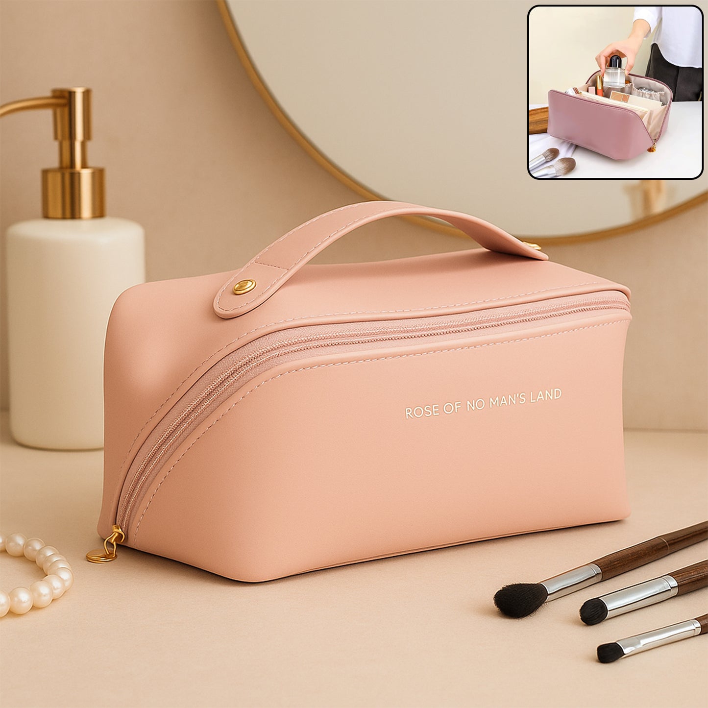 Premium Peach Travel Makeup  Toiletry Organizer Pouch With Zipper  Handle (1 Pc)